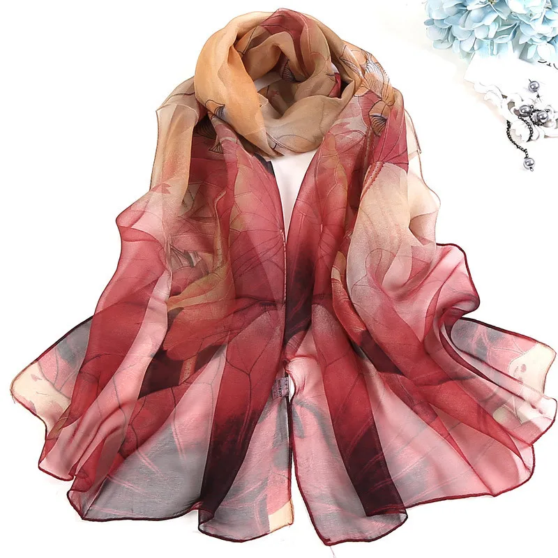 Summer Fashion Women Foulard Chiffon Georgette Floral Print Silk Scarf Shawls Female Long Wraps Beach Sunscreen Muslim Hijab