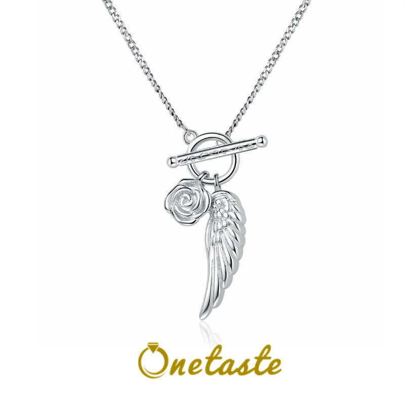 

925 Sterling Silver Rose Flower Angel Wing Pendant Necklace For Women OT Buckle 49cm Link Chain Choker Necklaces 2023 New Gift