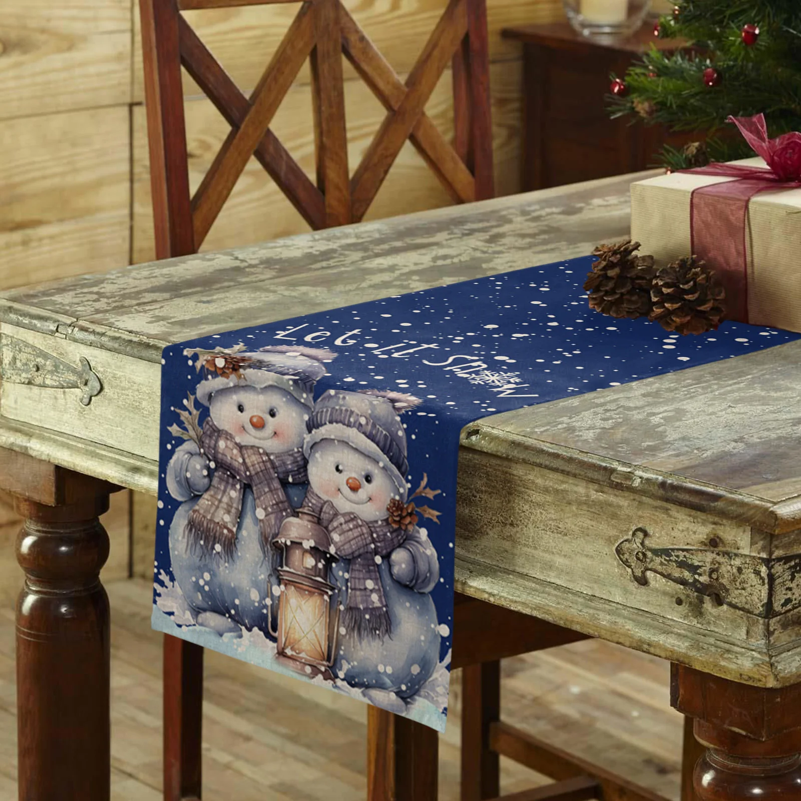 Christmas Snowman Snowflake Linen Table Runner Dresser Scarves Table Decor Winter Xmas Dining Table Runners Navidad Decorations