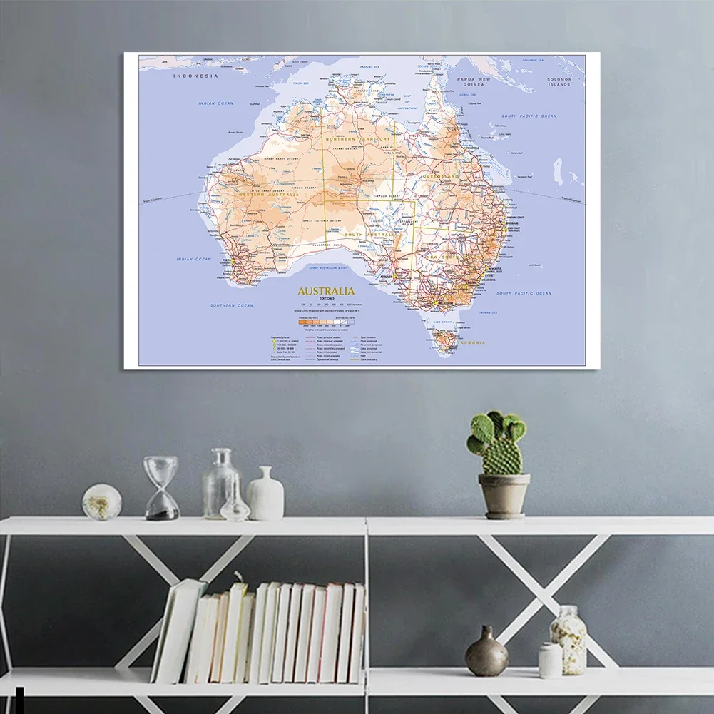 World Map Poster 150*100cm Terrain and Traffic Route Map of The Australia Wall Poster Non-woven Canvas Painting Home Decoration School Supplies