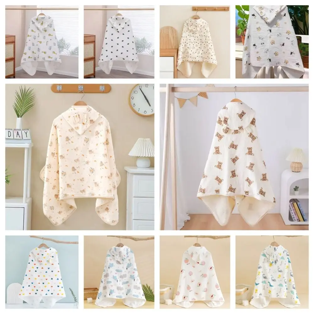 Cartoon Printed Baby Gauze Bath Towel Four Layer Soft Hooded Bathrobe Absorbent Comfortable Infant Bathrobe Sleepwear