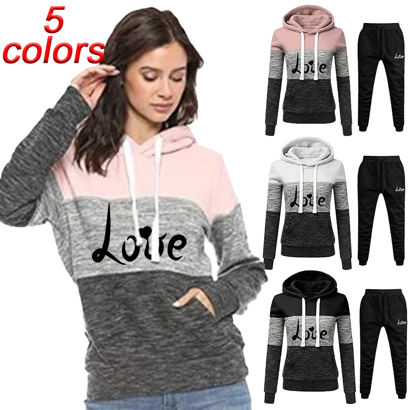 Fashion letter printed women's casual three color patchwork hoodie sportswear pullover sportswear pants two piece jogging set broken planet unknown ghost hoodie jogging pants 1 1 top quality foam print sportswear set eu size xs xl