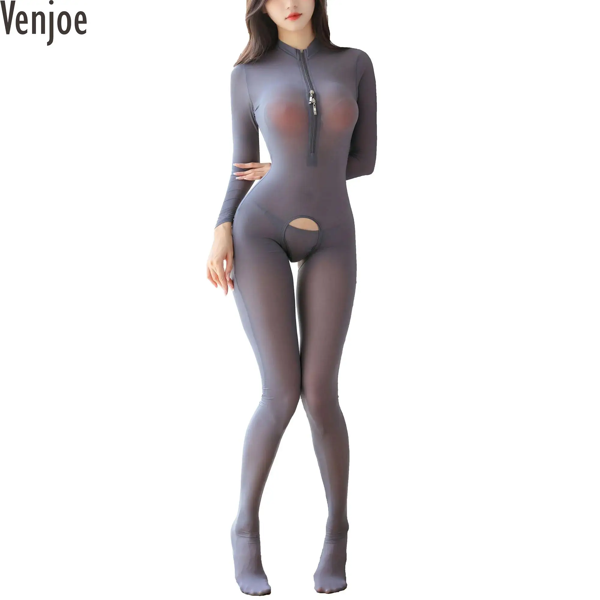 

Womens Stand Collar Crotchless Bodystocking See Through Bodysuit Lingerie Nightwear Long Sleeve Zipper Catsuit with G-string