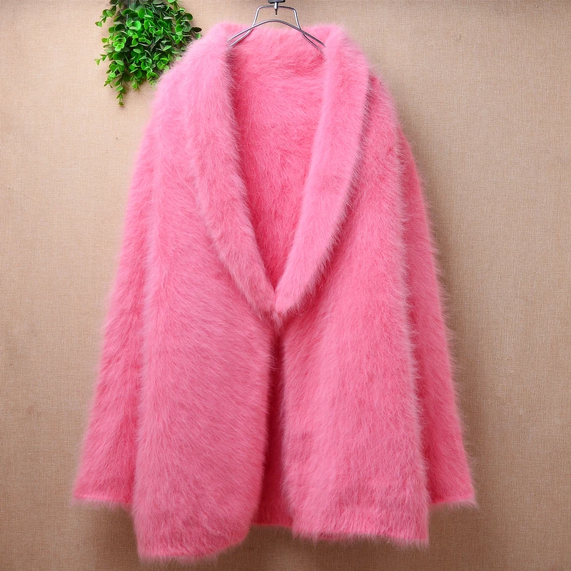 

Female Women Fall Winter Clothing Pink Hairy Plush Mink Cashmere Knitted Loose Long Cardigans Mantle Angora Fur Jacket Sweater