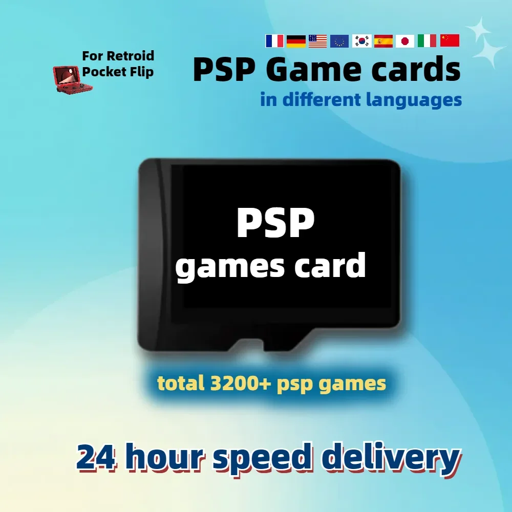 레트로이드 포켓 플립 플러스 RP3 언어 메모리 카드 (TF) PSP 게임, 미국 유럽 일본 프랑스 독일 이탈리아 한국 스페인 3200 +,512G