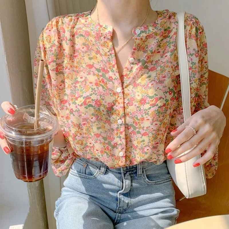 Spring Summer New Stand Collar Fashion Long Sleeve Shirt Women High Street Casual Loose Button Patchwork Cardigan Printing Tops
