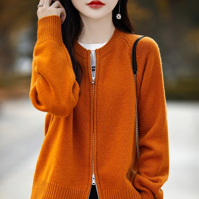 여성용 100% 울 캐시미어 스웨터, 라운드넥 카디건, 루즈한 한국 패션, 여성 상의 재킷, 2024 용수철 가을 신상