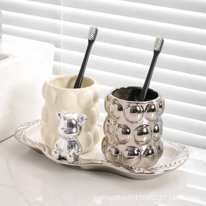 Electroplated Ceramic Mug Set Lovers Double Toothbrush Cup Gift Home Toothbrush Cartridge Cup Bathroom Accessories
