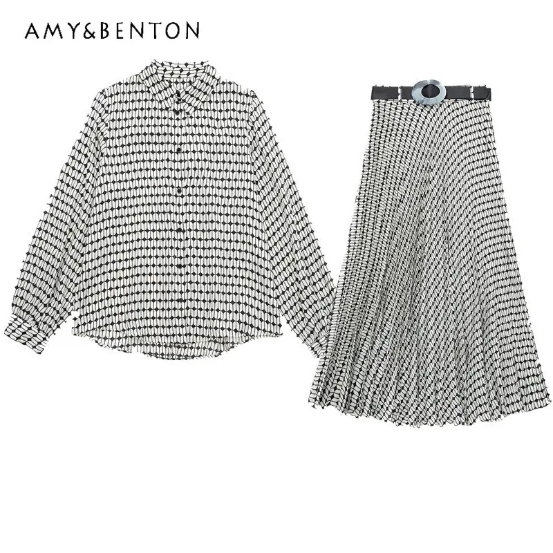 Women's New 2023 Spring Long Sleeve Tops Diamond Printed Checks Lapel Shirt High Waist Mid-length Pleated Skirt Two Piece Set