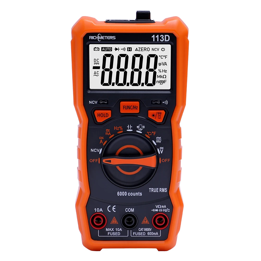 RICHMETERS RM113D NCV 디지털 멀티미터, 6000 카운트, 자동 범위 조정 AC/DC 전압 계량기, 플래시 백 라이트, 대형 스크린