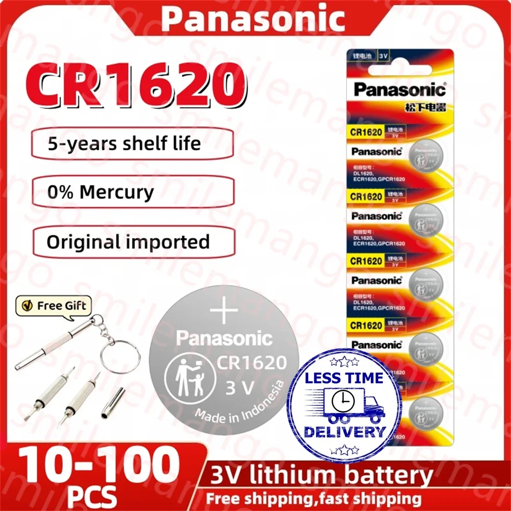 

Литиевая батарея Panasonic CR1620 3 в, 10-100 шт., LM1620 BR1620 ECR1620 5009LC для часов, автомобильного пульта дистанционного управления, калькулятора + отвертки