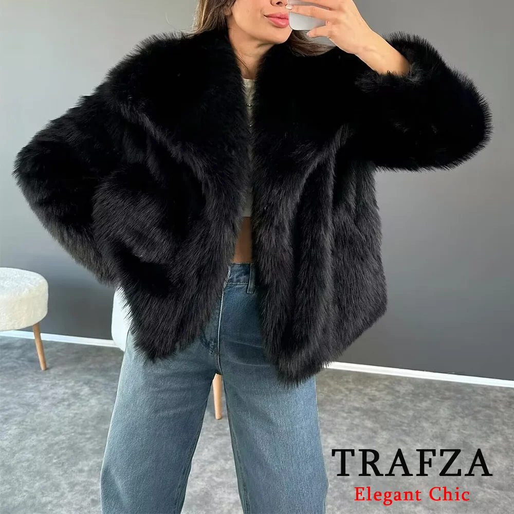 TRAFZA-Women Fashion Winter Solid  Big Lapel Coat Faux Fur Coat Jacket New 2025 Autumn Winter Slouchy Burgundy Black Gray Coat 3