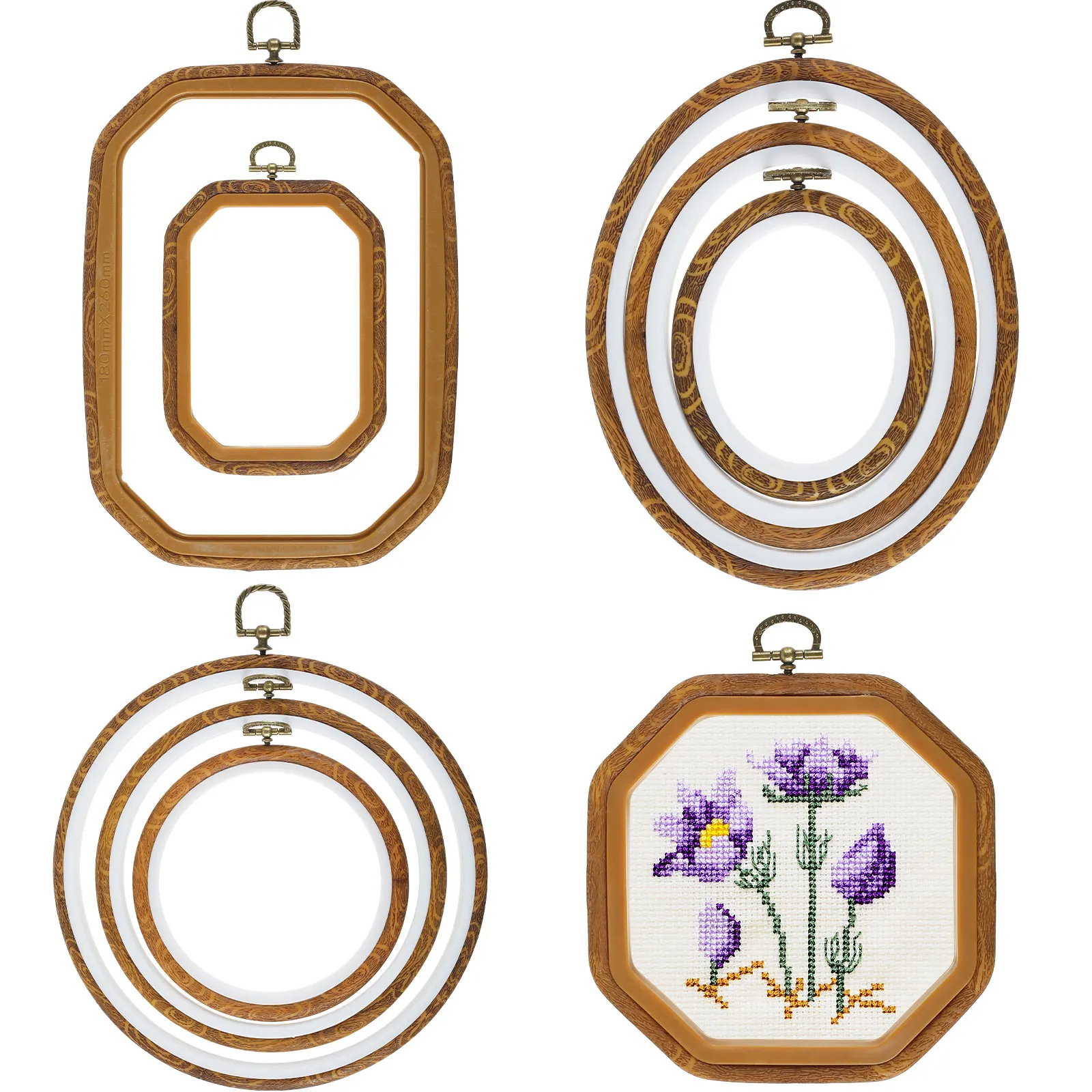 New 9Pcs Large Embroidery Hoop Frame Imitated Wood Embroidery Display Frame Round Oval Octagonal Cross Stitch Hoop Rings Hanging