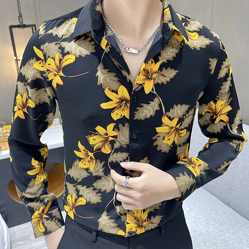 2022 Fashion Flower Shirts Men Long Sleeve Slim Business Casual Shirt Streetwear Ocial Party Tuxedo Blouse Camisas Para Hombre