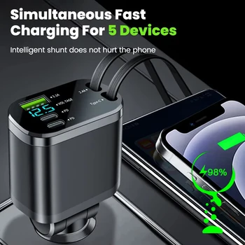 Adattatore per caricabatteria da auto da 150 W Caricabatteria da auto USB tipo C a ricarica rapida 5 IN 1 con cavi di tipo retrattile per iPhone Huawei Samsung