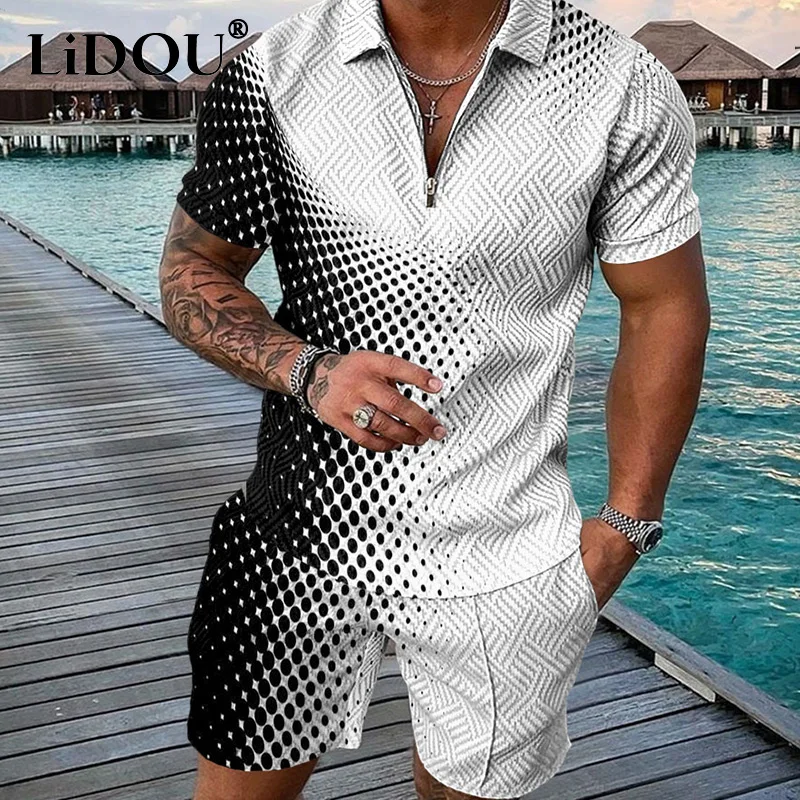 2022 Summer Fashion Sports Trend Polka Dot Print Leisure Suit Polo Neck Zipper Short Sleeved Shorts Vintage Two-piece Men's Sets