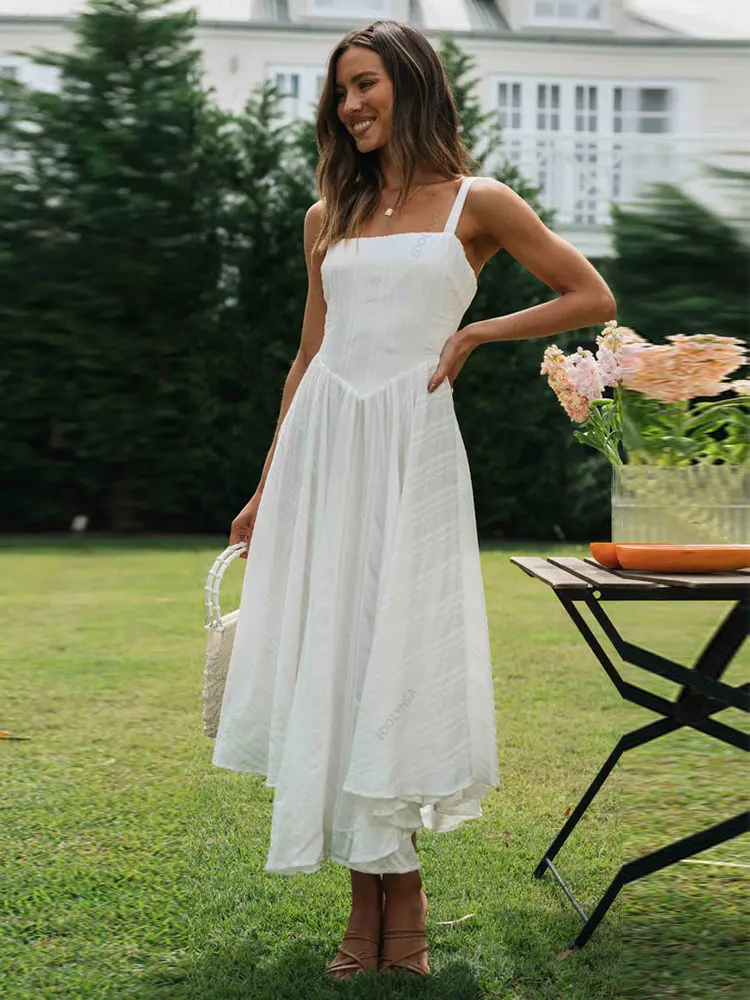 

White Square Collar Big Swing Sleeveless Suspender Short Front Long Back Slimming Dress Women Summer Sundress Maxi Dresses A2696