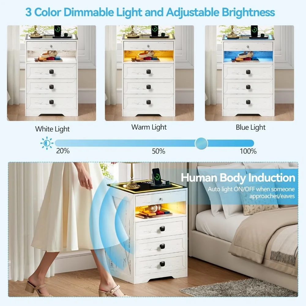 Night Stand Set 2 with Gun Drawer, Modern Nightstand with Wireless Charging Station, Smart Bedside End Table with Glass Top&4 Dr 6