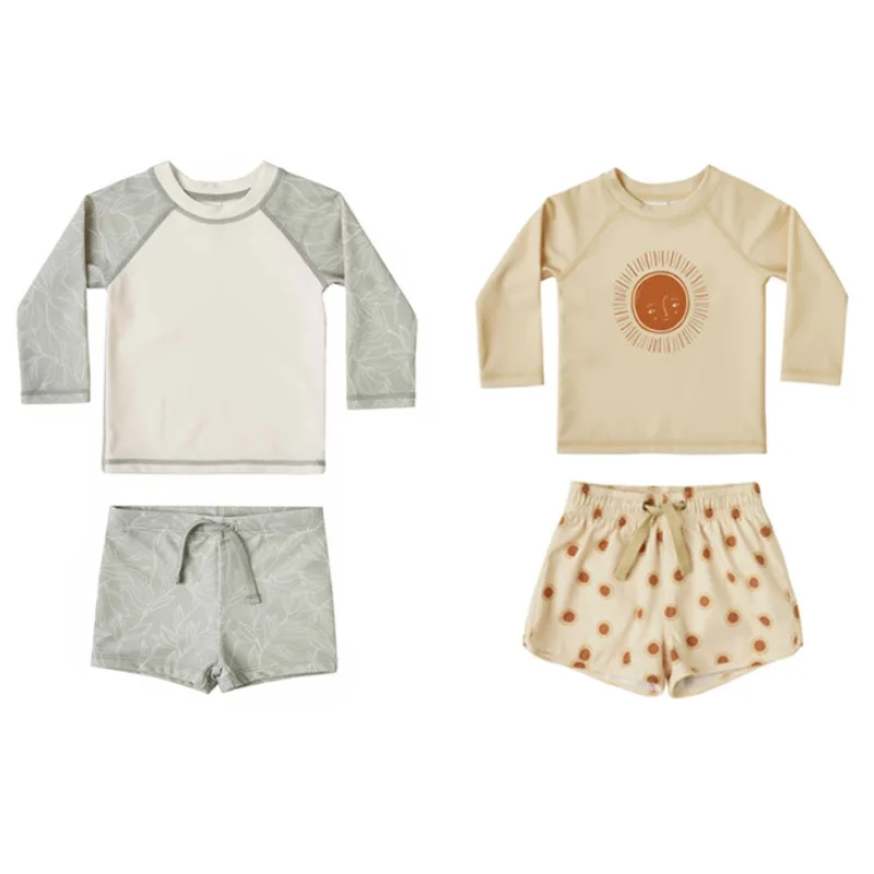 Boys kids swimsuits 2pcs Summer Baby Boys Swimwear Sets Long Sleeve Tops Shorts Sun-proof Elastic Beach Vacation