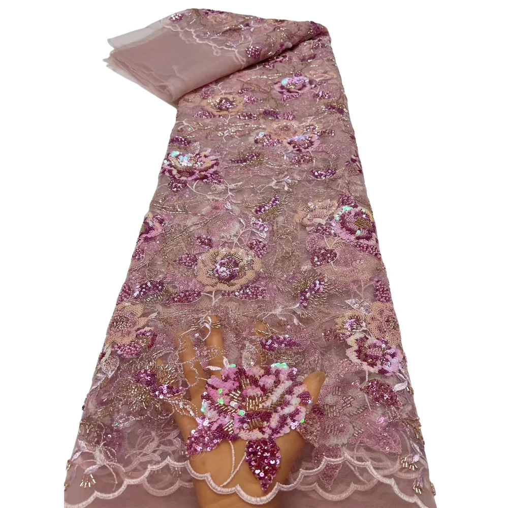 

French Tulle Lace Fabric High Quality L-1406251 Embroidery African Beads Lace Fabric for Women Dresses