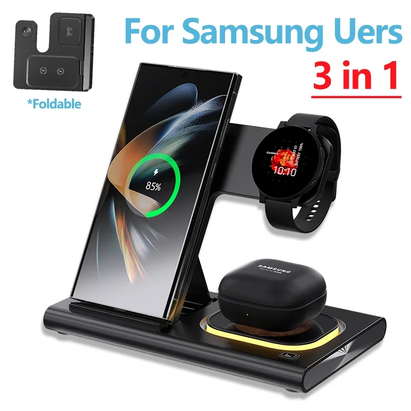 LED 접이식 무선 충전기 스탠드, 고속 충전 스테이션, 삼성 S24, S23, S22 워치 6, 5, 4, 액티브 1, 2, 갤럭시 버드용, 30W, 3 in 1