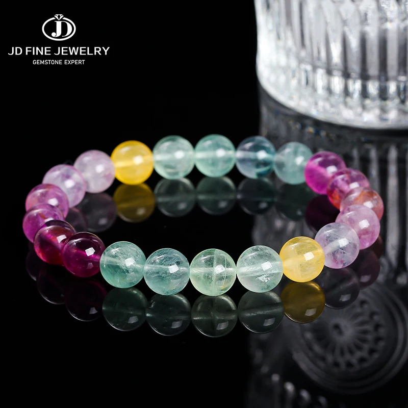 JD 5A Natural Stone Muticolor Rainbow Fluorite Bead Bracelet Women Reiki Healing Lucky Stretchy Mala Bangles Crystal Jewelry 1
