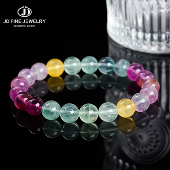 JD 5A Natural Stone Muticolor Rainbow Fluorite Bead Bracelet Women Reiki Healing Lucky Stretchy Mala Bangles Crystal Jewelry 1