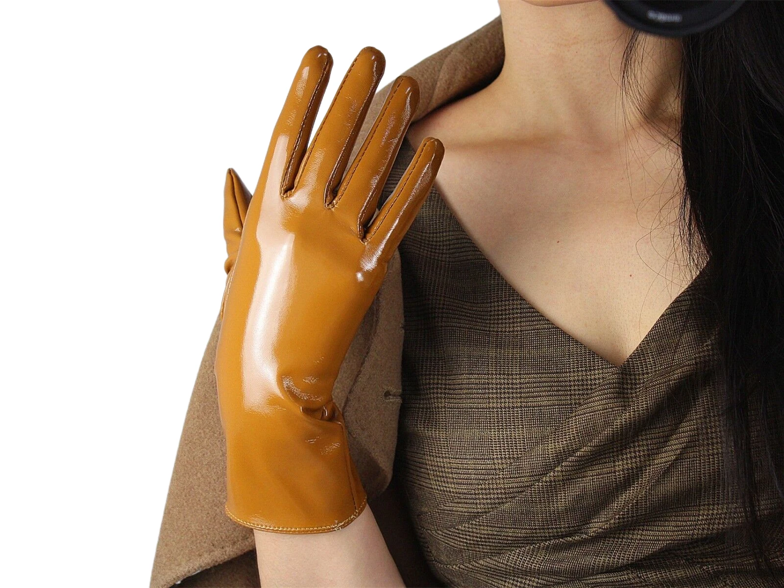 Dooway Tan Guanti In Lattice Di Zucchero Shine Brown Faux Patent Leather Pu 11 "28Cm Polso Corto Costume Quotidiano Fashion Club Guanto Da Sera