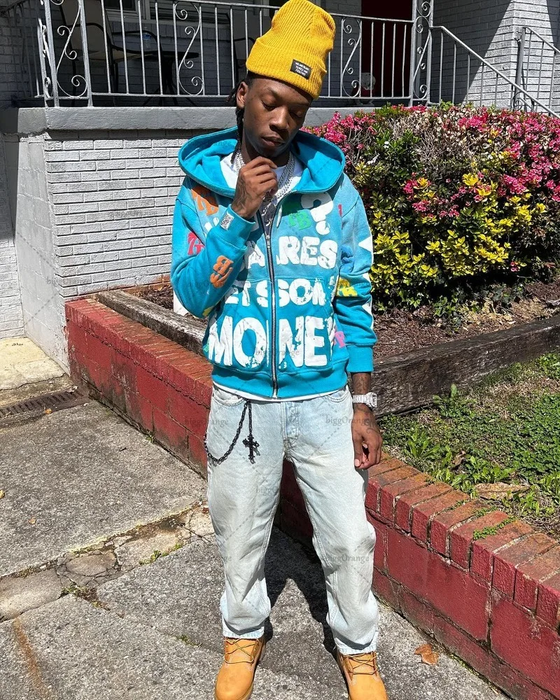

European and American Street Hip-hop Clothing Lettered Oversized Hoodie Men Y2K Personalized Retro Colorful Zipper Sweatshirt