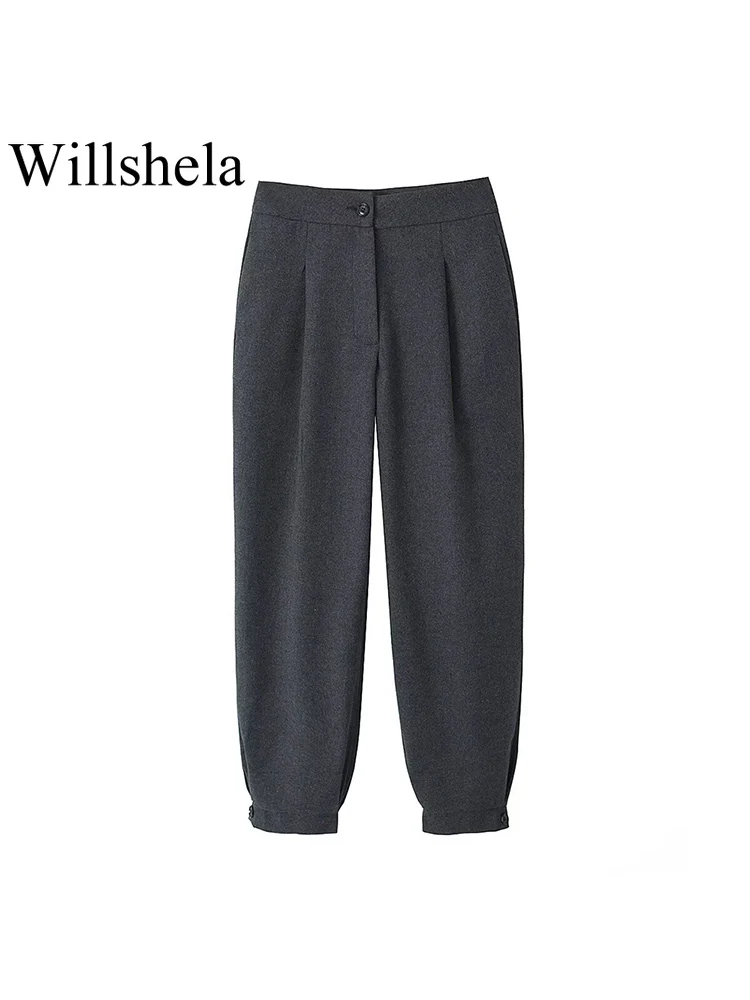 

Willshela Women Fashion Grey Front Zipper Pencil Pants Vintage High Waist Full Length Female Chic Lady Trousers