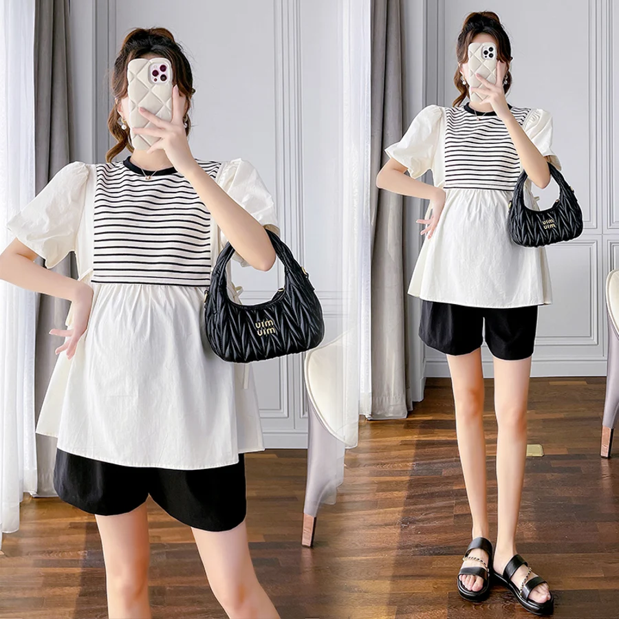 Korean Style Striped Patchwork O-Neck Puff Sleeve Maternity Shirts Loose Fashion Pregnant Woman Blouse Pregnancy Cotton Top Tees maternity tops