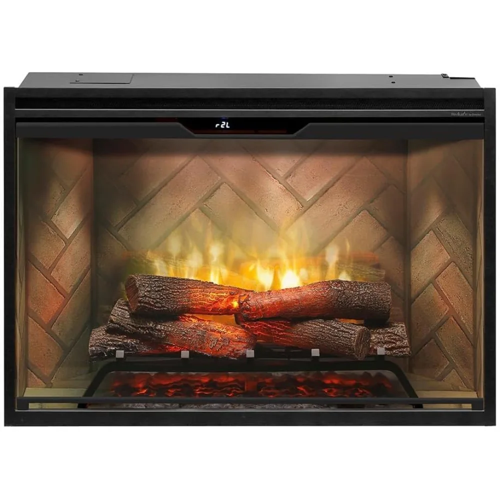36 Inch Built-in Electric Fire Box - Herringbone Brick Background - Front Glass Panel, Fire Box and Plug Kit 2