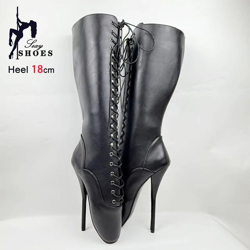 18CM/7Inches Ultra high heel Sexy Ballet High Boots Fetish Lace Up Pole Dance SM Game Shoes Matte Black Women's Mid-calf Boots