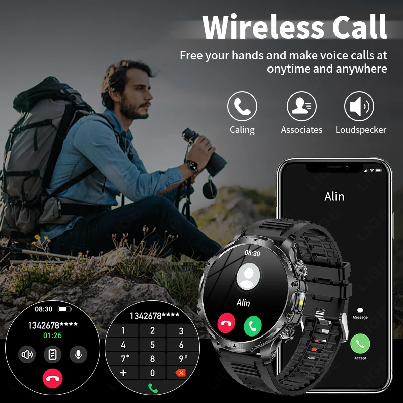 LIGE Smartwatch Military Men 1.9" HD Screen Flashlight Waterproof 700mAh Battery Heart Rate BT Call Smart Watch For Android IOS