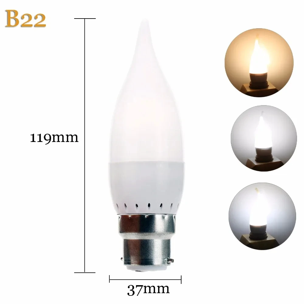 LED 촛불 조명 2835 SMD B22 전구 램프, 고휘도 옥수수 조명, AC 220V 샹들리에 에너지 절약 램프, 3W