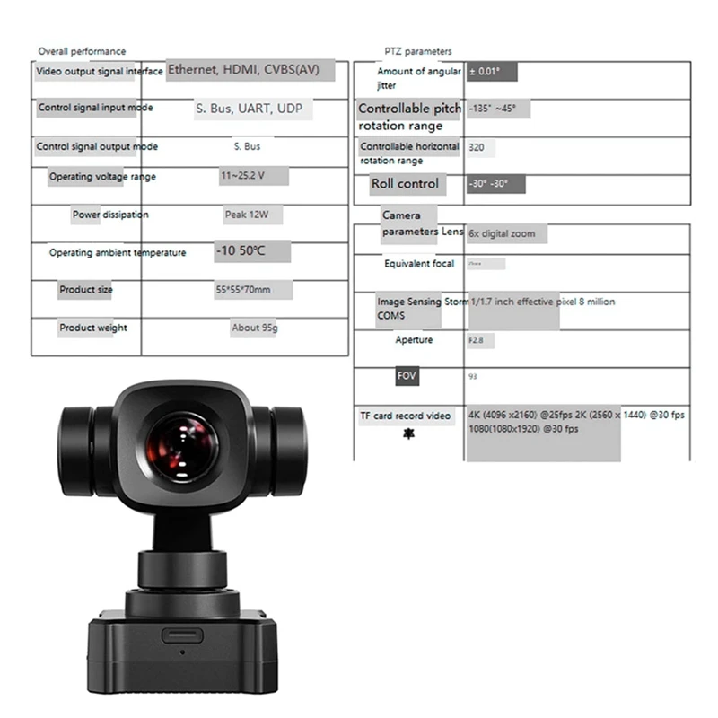 SIYI A8 미니 4K AI 8MP 카메라, 6X 디지털 줌 짐벌 카메라, DVR 1/1.7 인치 센서 포함