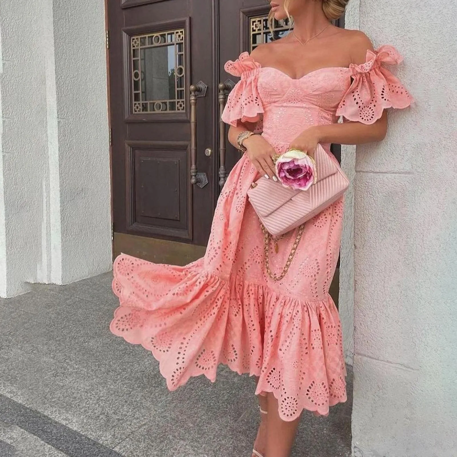 

Женское ажурное однотонное платье с оборками, свободное повседневное кружевное платье в стиле пэчворк, элегантные летние платья без бретелек, 2024