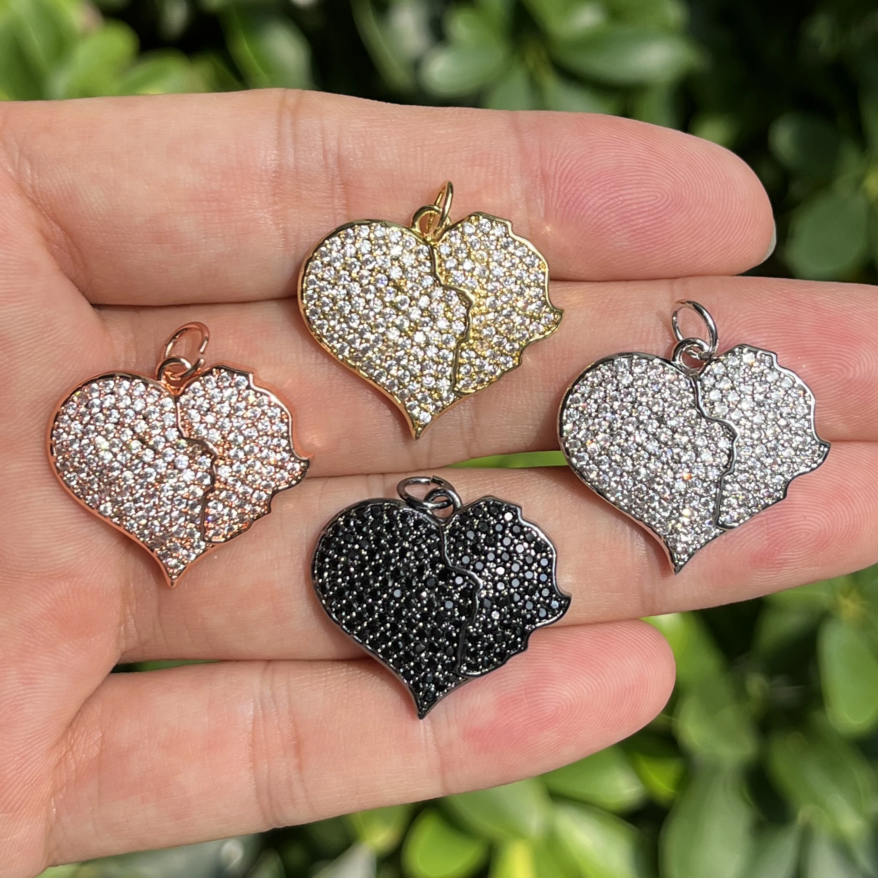 5Pcs Heart Charms Gold Plated Cubic Zirconia Paved Pendant 24x24.5mm For  Woman Bracelet Necklace Handcraft Jewelry Accessories