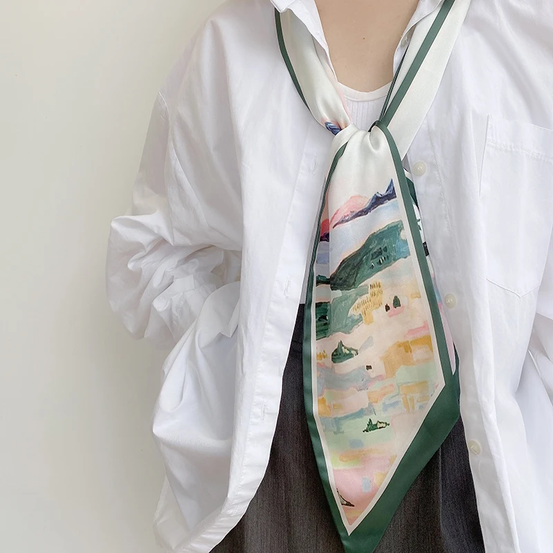 

Luna&Dolphin French Style Big Wide Ribbon 150X13cm Ink Painting Print Long Silky Scarf Luxury Headbands Neckerchief Streamer