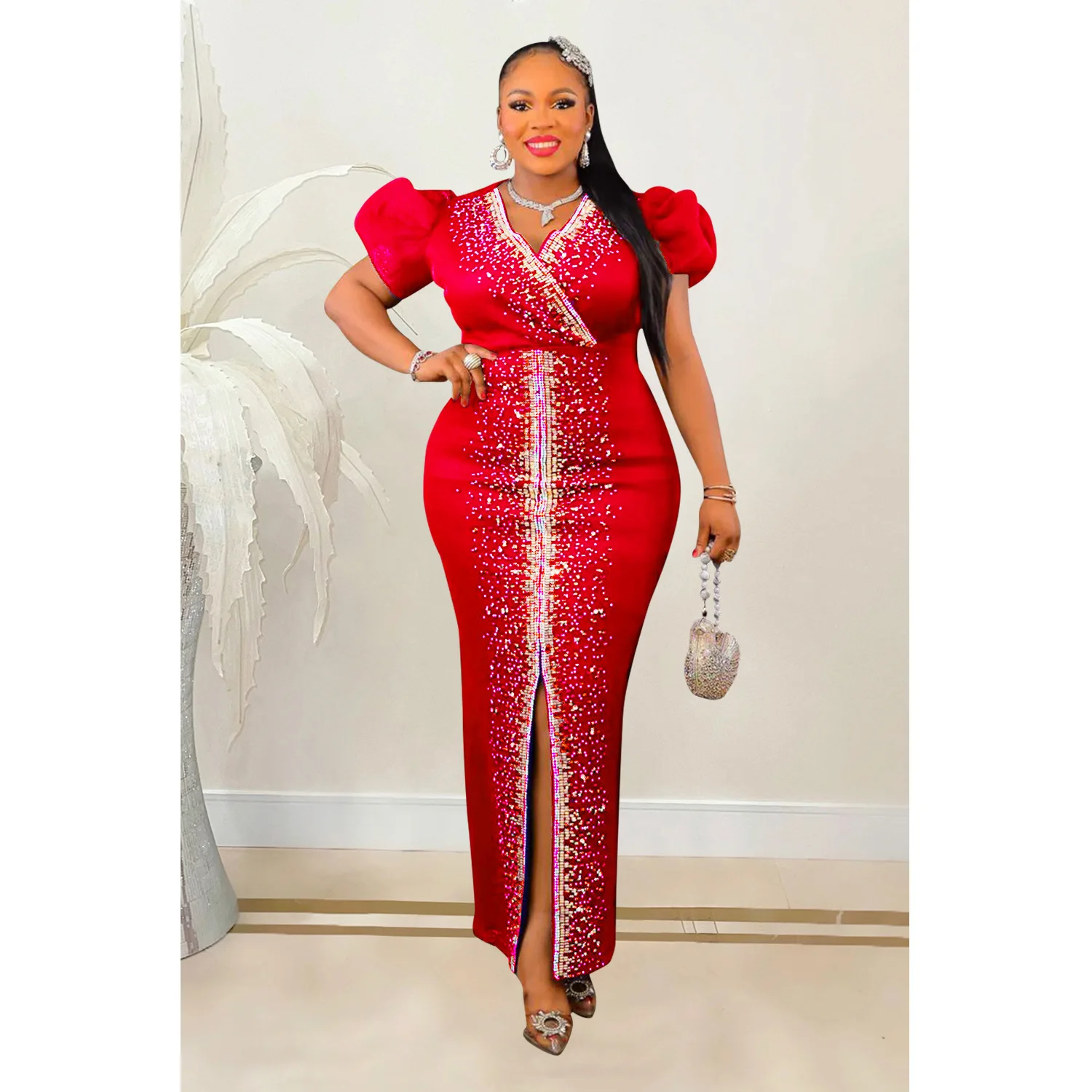 

Summer Sexy Solid V-Neck Puff Sleeve Hot Diamonds High Waist Bodycon Slit Pencil Dress Women Party Club Elegant Evning Dress