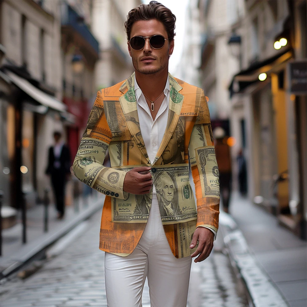 Men's Suit Jacket Autumn Slim Fit One Button Blazer Dollar Orange Fashion New Casual England Male Dress Coat