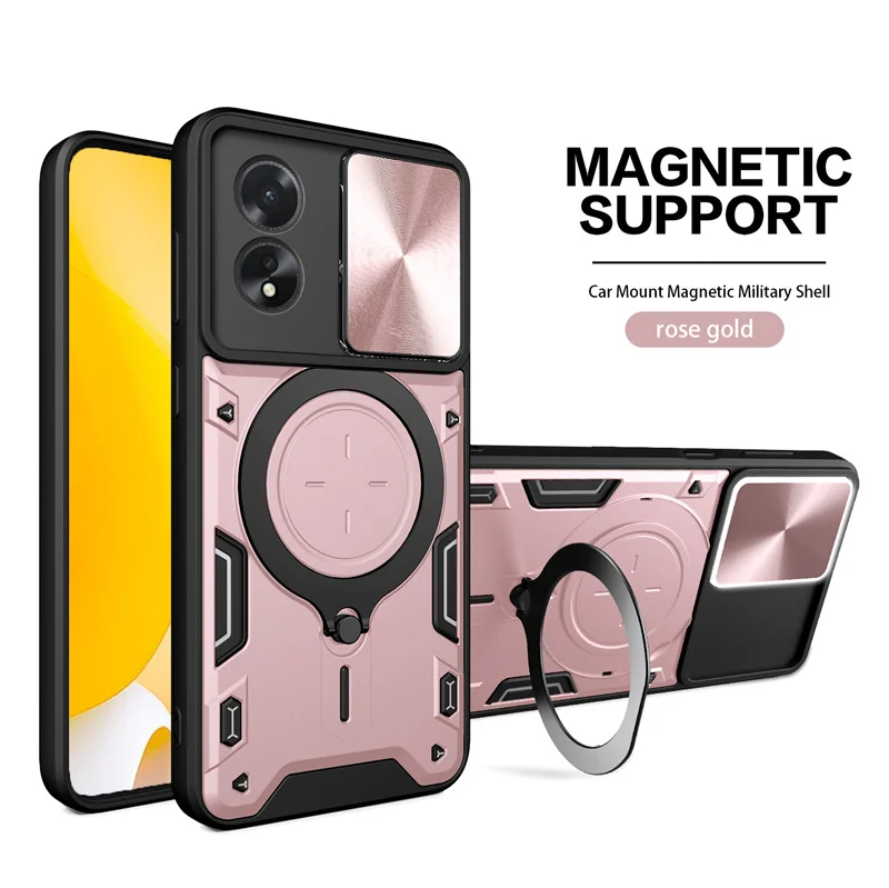 Enhanced Shockproof Armor Ring Holder Phone Case with Slide Lens Protection