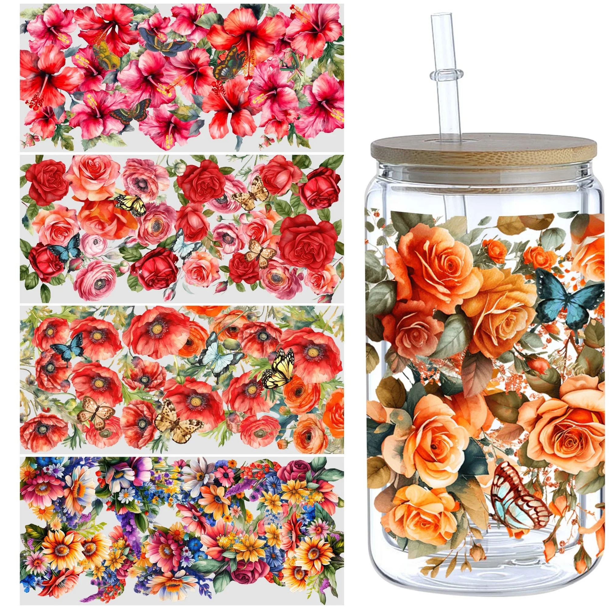 5 Sheets Beautiful Flower UV DTF Glass Cup Packaging Transfer Stickers Wipe-On Transfer Stickers 16oz Glass