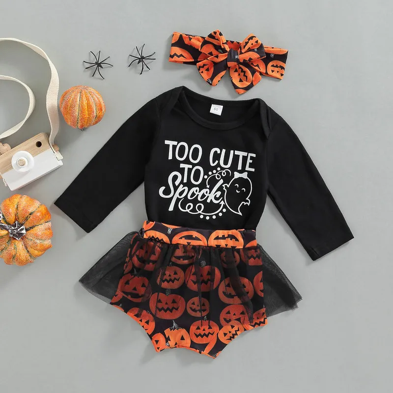 

Halloween Baby Girl Clothes New Born Pants Suit Long Sleeve Round Neck Letters Print Loose Romper Tops Pumpkin Shorts Headband