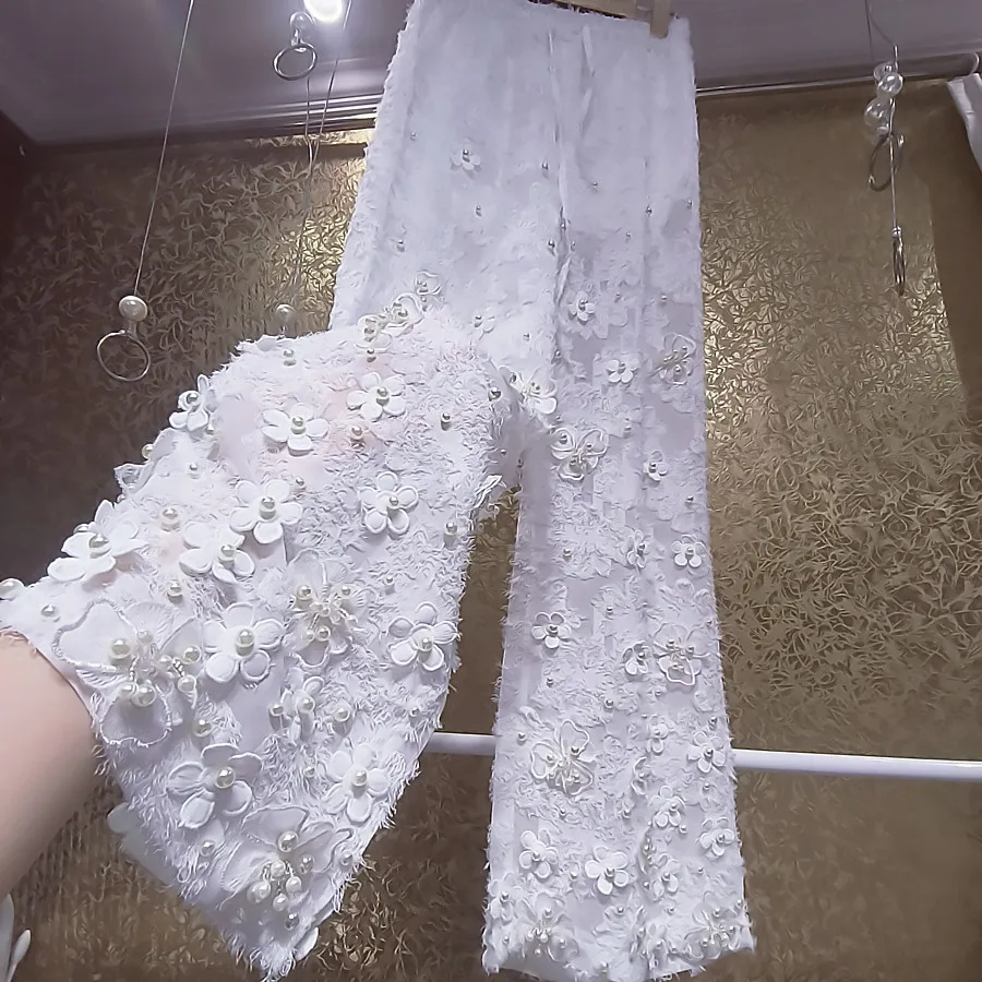 

Spring Autumn Lace Pearl Beading Long Trousers Women Fashion Elastic Waist Wide Leg Pants