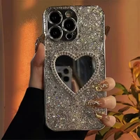 Luxury Bling Glitter Plating 3D Love Heart Mirror Sequins Case For iPhone 17 Air 16 14 15 13 12 11 Pro Max Lens Protection Cover 2