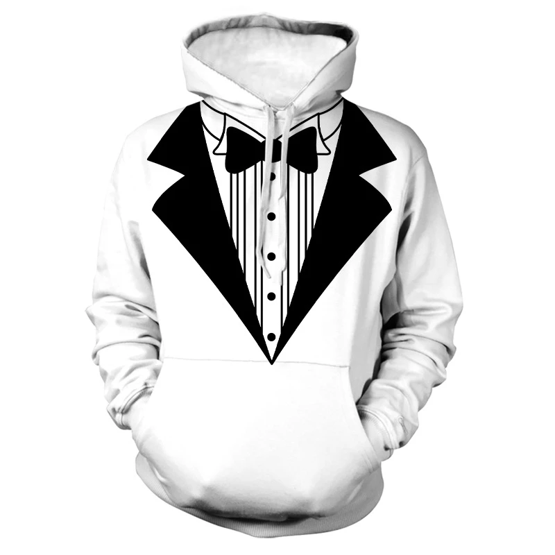 

Newest Funny Fake Suit Fashion 3D Hoodies Tuxedo Bow Tie Print Loose Hooded Sweatshirt Cosplay Casual Pullovers Streetwear Hoody