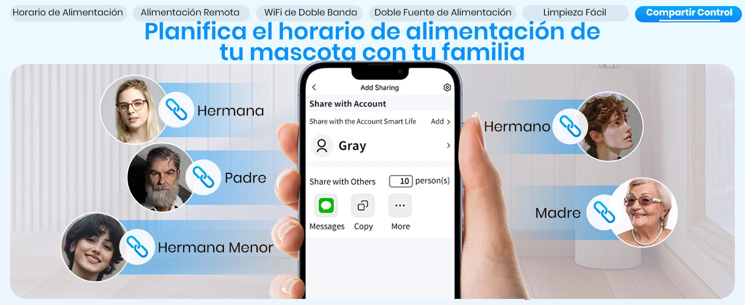 El texto dice «Planifica el horario de alimentación de tu mascota fácilmente». Interfaz de aplicación móvil que muestra la pantalla de programación con un menú de selección fácil e íconos de perfil.