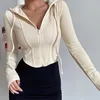 Aesthetic Slim Hooded Cardigan Women Y2K Streetwear Solid Ribbed Lace Up Sports Crop Tops Autumn Casual Zipper Long Sleeve Coats