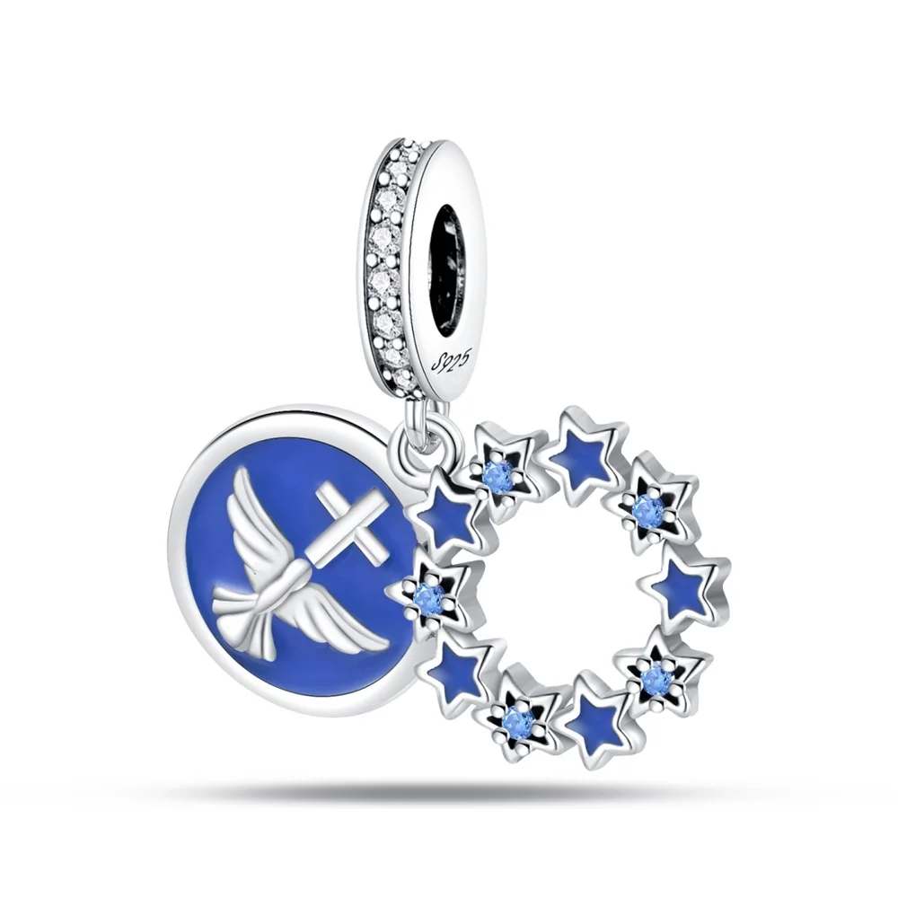 

Браслет Pandora женский из серебра 925 пробы, с голубым крестом и синей звездой